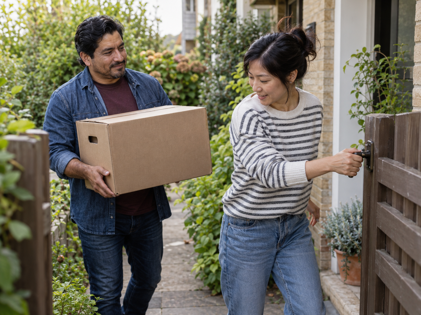A neighbour carrying a small box while another opens a garden gate.