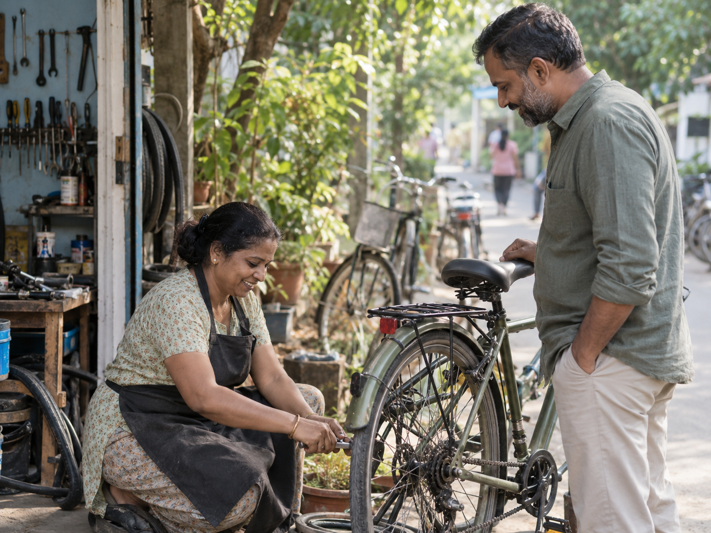 A local bicycle mechanic helping a customer with a bicycle.
