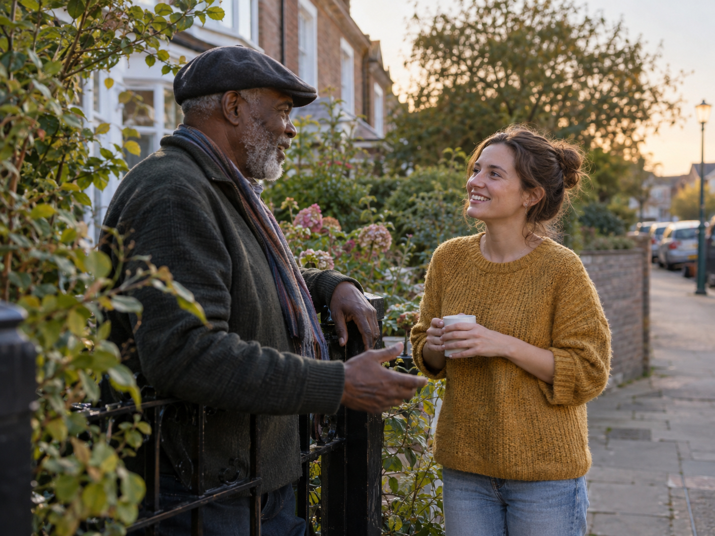 Two neighbours talking beside a garden gate in the early evening.