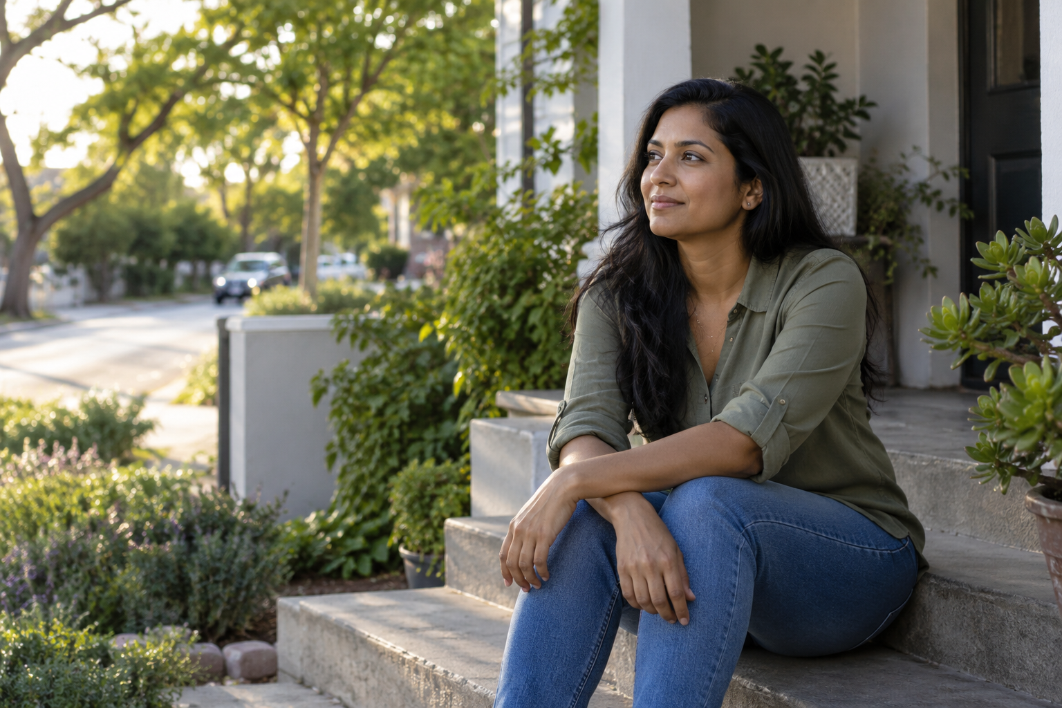 A woman sitting calmly on the front steps of a neighbourhood home.